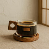 LittleHomely Ribbed Glass & Wood Coffee Cup & Coaster Set