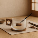 LittleHomely Ribbed Glass & Wood Coffee Cup & Coaster Set