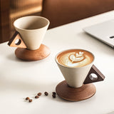 2Pack FARIDABIO Handcrafted Ceramic Coffee Cups with Wide Spout  Wood Handle  Conical Funnel EspressoCappuccino Set Solid Wood Coaster Modern Italian Coffee Maker for Home Office Cafe  Ideal Housewarming Gift Ceramic  Wood