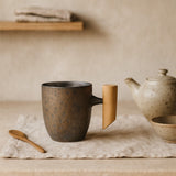 LittleHomely Japanese Stoneware Coffee Mug Wooden Handle